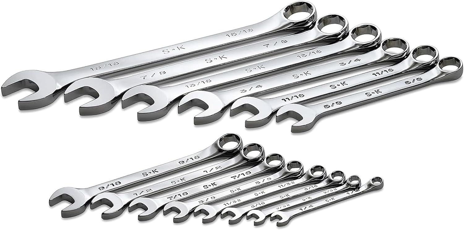 SK Tools USA 14 Piece, Regular, 6 Point, SAE SuperKrome® Combination Wrench Set: 1/4' - 15/16' | 86124