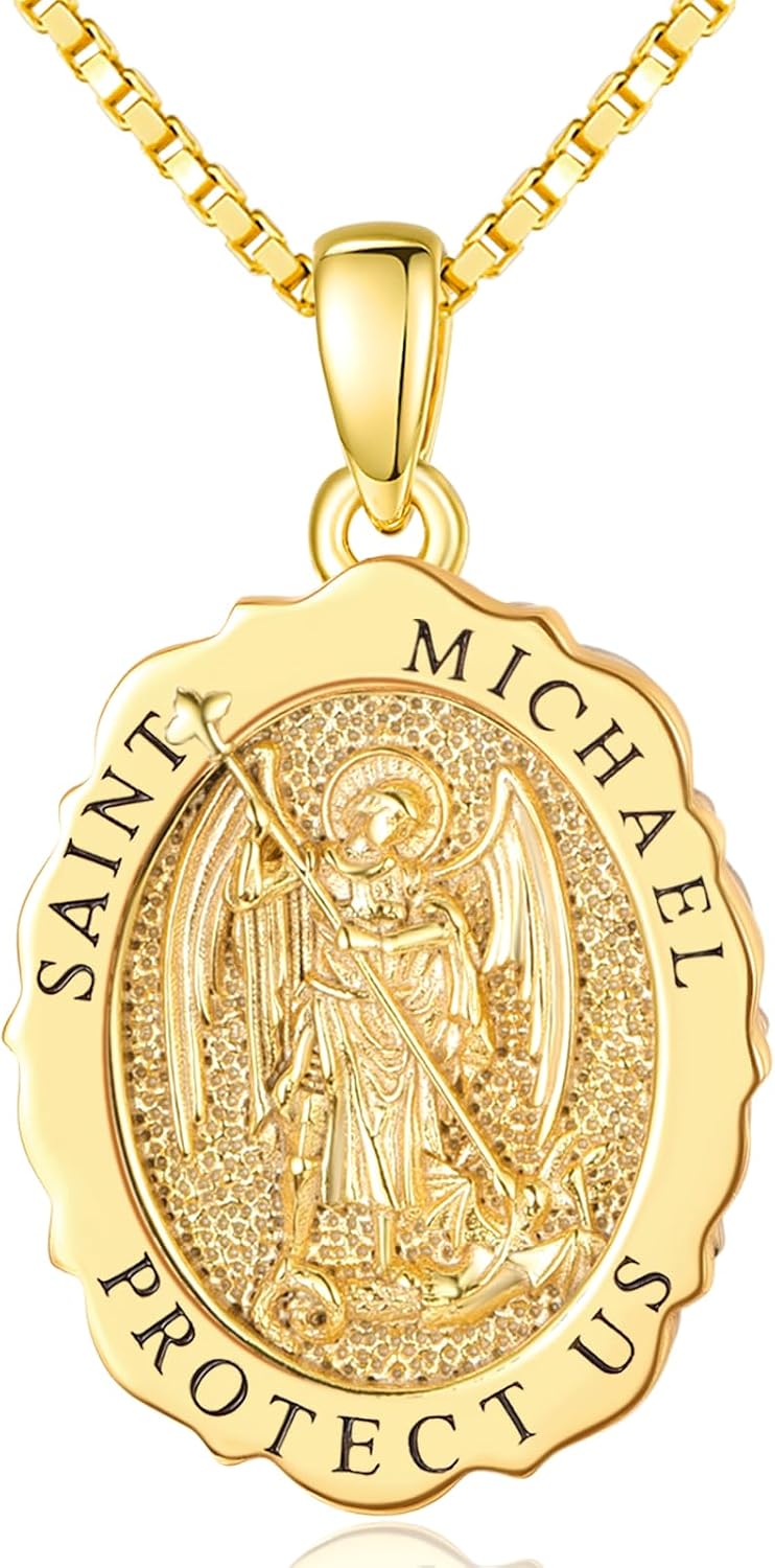 14K Gold Saint Medal Necklace for Women, Catholic Patron Saint Pendant Necklace, Christian Religious Jewelry Gift for Confirmation Baptism Communion Christmas Birthday
