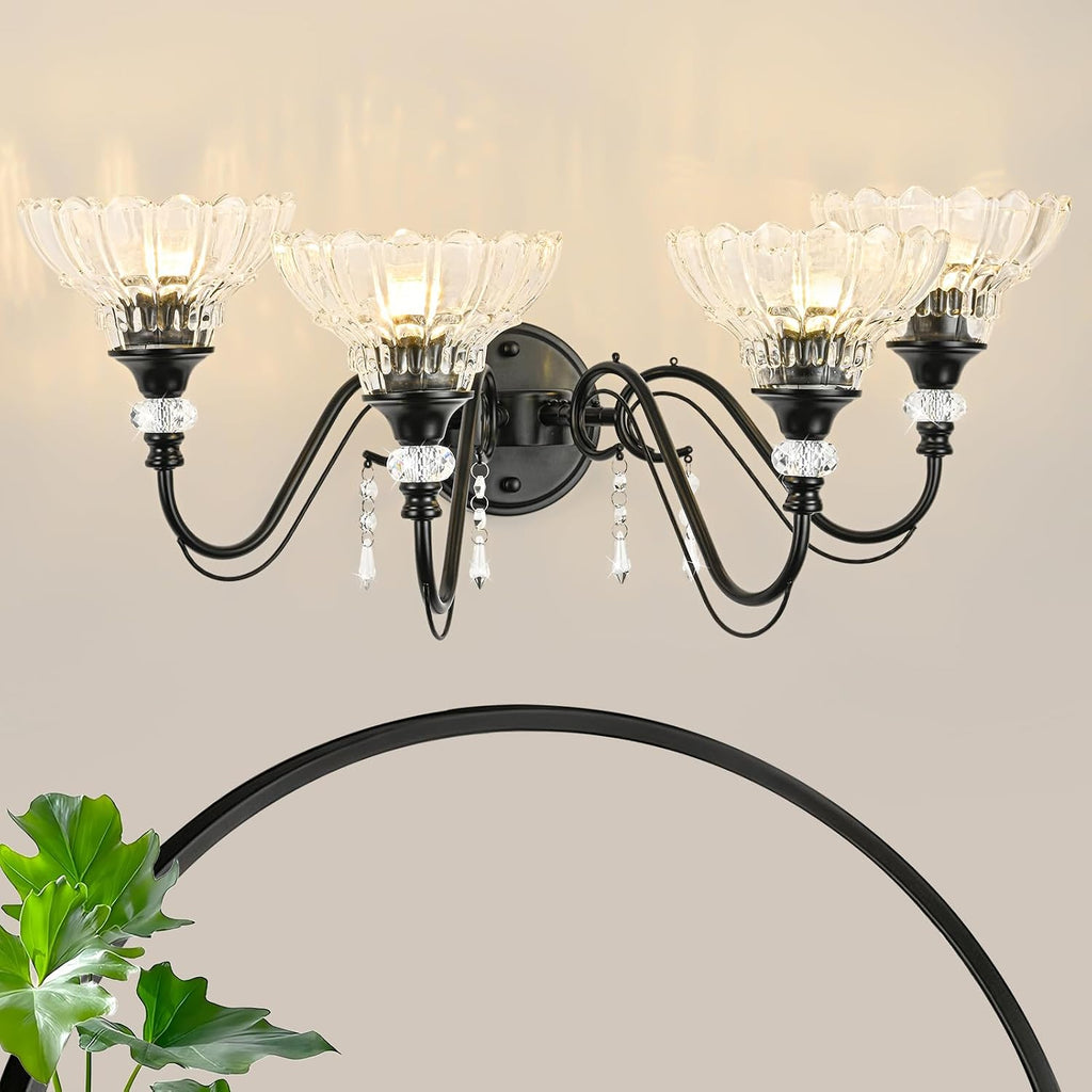 Black Bathroom Vanity Light, 4-Light Matte Black Finish Farmhouse Wall Sconce with Hanging Crystal Accents and Flower-Shaped Clear Glass Shades, Retro Wall Mount Vanity Light Over Mirror for Bathroom