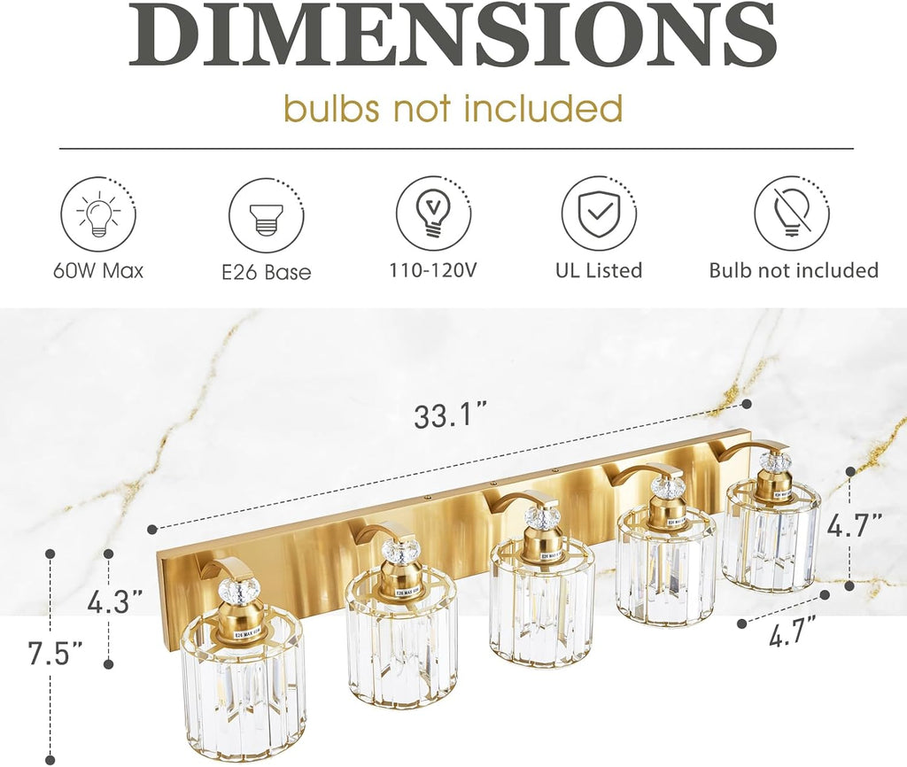 5-Lights Brushed Brass Bathroom Light Fixture Gold Vanity Lights Modern Crystal Bathroom Vanity Lighting Over Mirror Wall Sconce with K9 Crystal Shade E26 Base for Living Room, Bedroom Wall Lamp