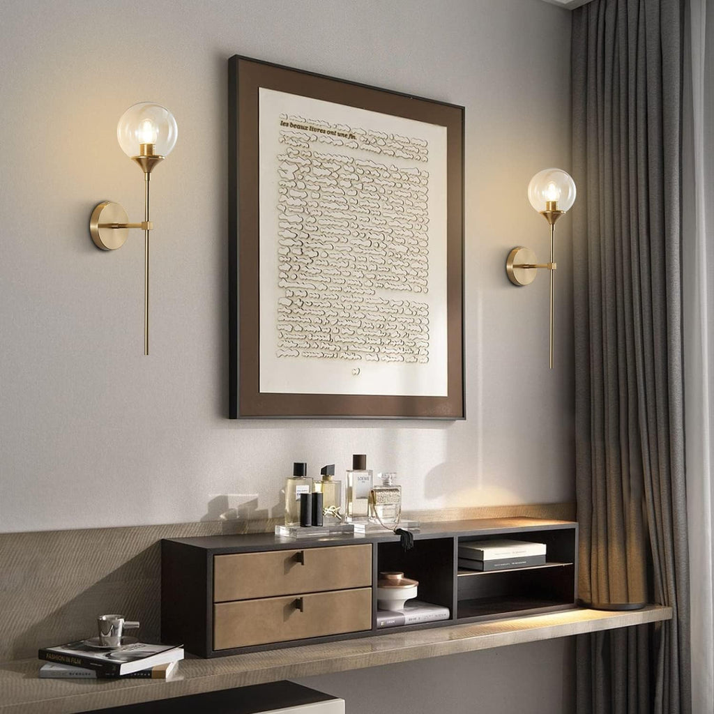 KCO Mid-Century Modern Wall Mounted Sconces Set of 2 Amber Glass Globe Wall Lamps with Long Arm Industrial Gold Wall Lights Fixture for Bedroom Bedside Stairway Hallway