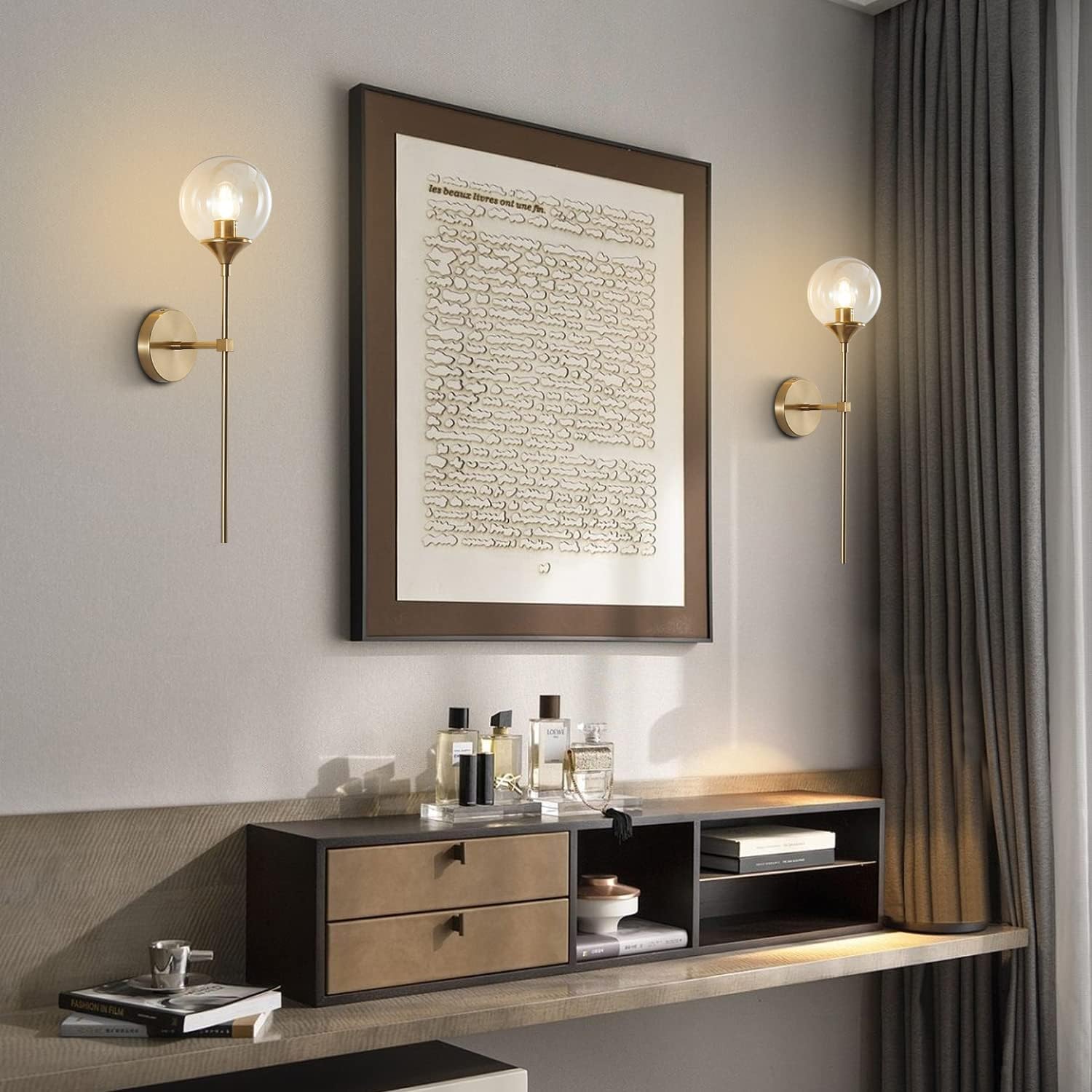 KCO Mid-Century Modern Wall Mounted Sconces Set of 2 Amber Glass Globe Wall Lamps with Long Arm Industrial Gold Wall Lights Fixture for Bedroom Bedside Stairway Hallway