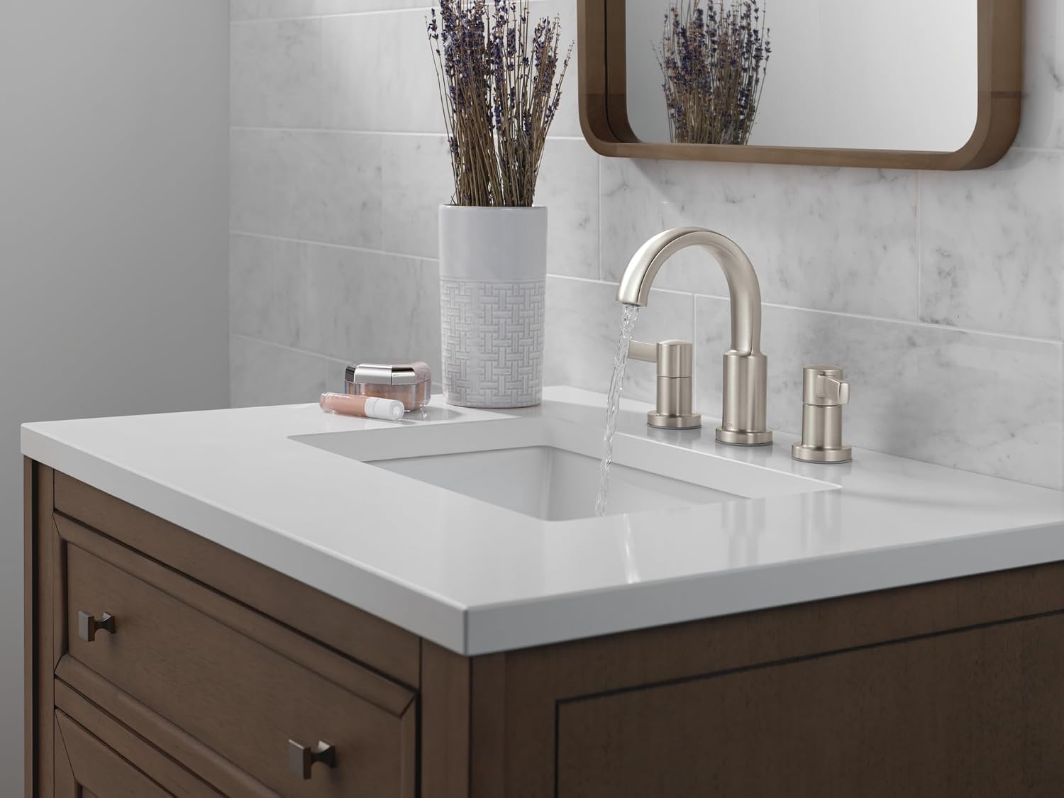 Delta Albion Brushed Nickel Bathroom Faucet 3 Hole, 8 Inch Widespread Bathroom Sink Faucet for Vanity, Metal Push-Pop Drain Assembly, SpotShield Brushed Nickel 35855LF-SP