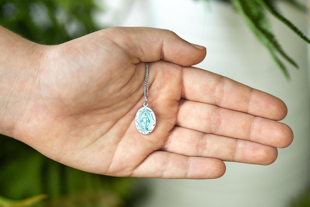 Heartland Store Women's Oval Blue Enamel Miraculous Medal Necklace - 18' Sterling Silver Chain - Elegant Religious Jewelry for Faith and Devotion - USA Made
