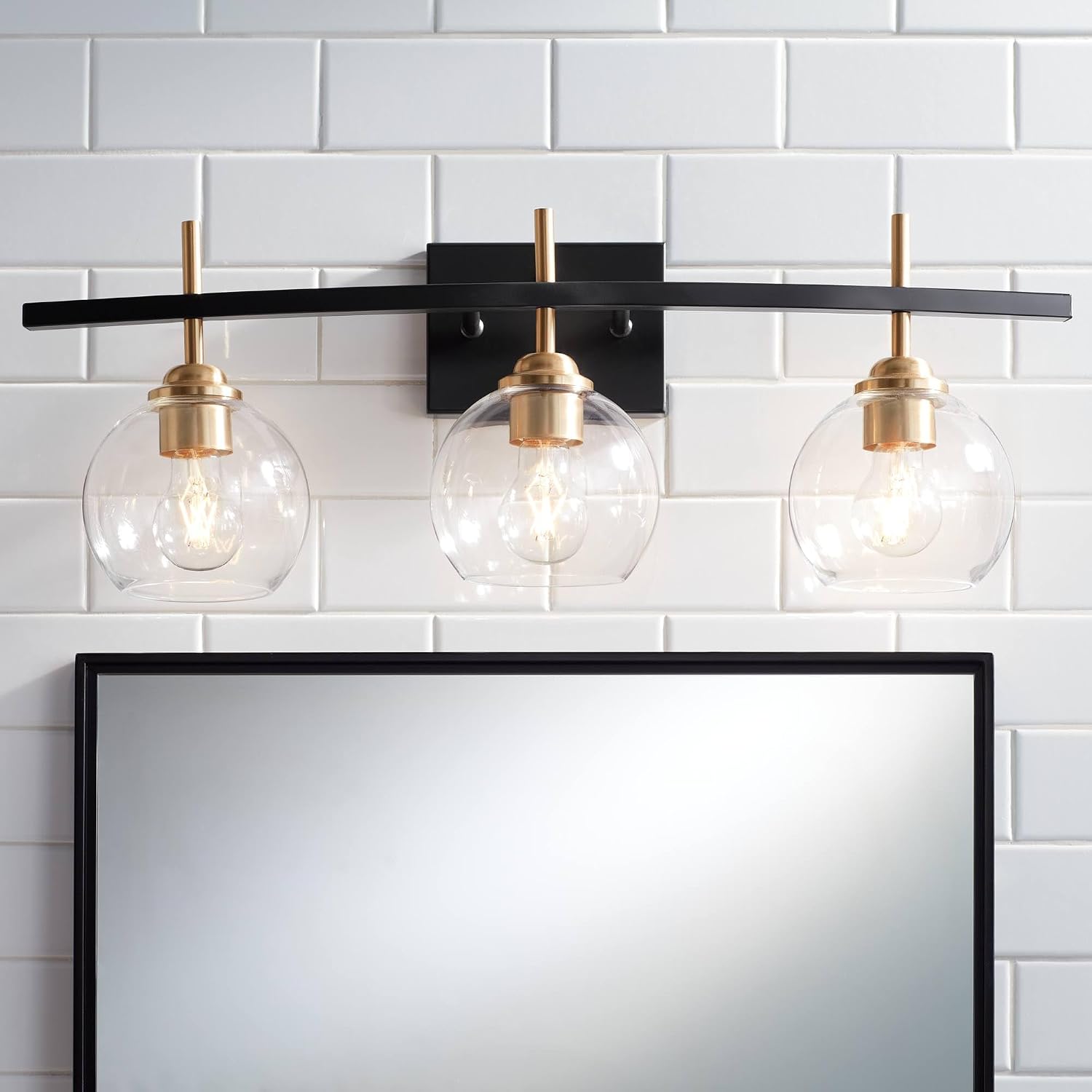 360 Lighting Modern Wall Light Sconce Black Gold Mixed Hardwire 27' 3-Light Fixture Clear Glass Globe Shade for Bedroom Bathroom Bedside Vanity Living Room Home Mirror Hallway Dining Kitchen