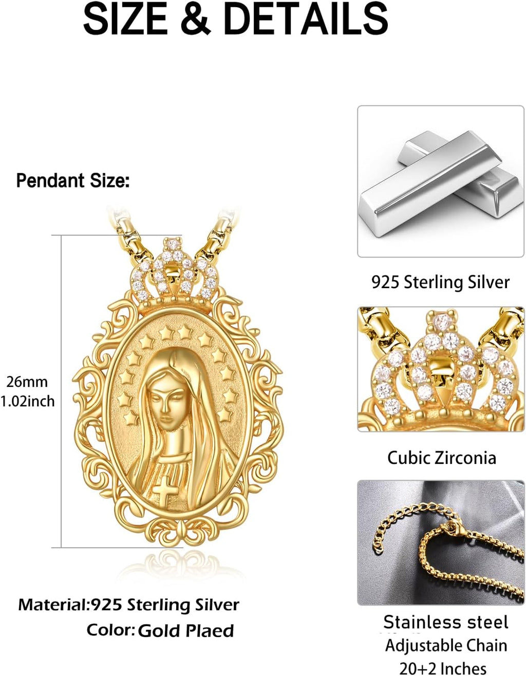 Virgin Mary Necklace for Women 925 Sterling Silver Mother Mary Necklace Protection Jewelry Religion Christian Faith Catholic Gifts