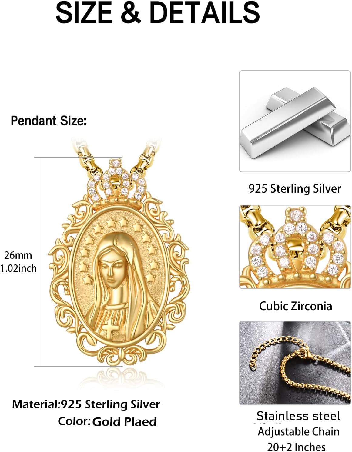 Virgin Mary Necklace for Women 925 Sterling Silver Mother Mary Necklace Protection Jewelry Religion Christian Faith Catholic Gifts