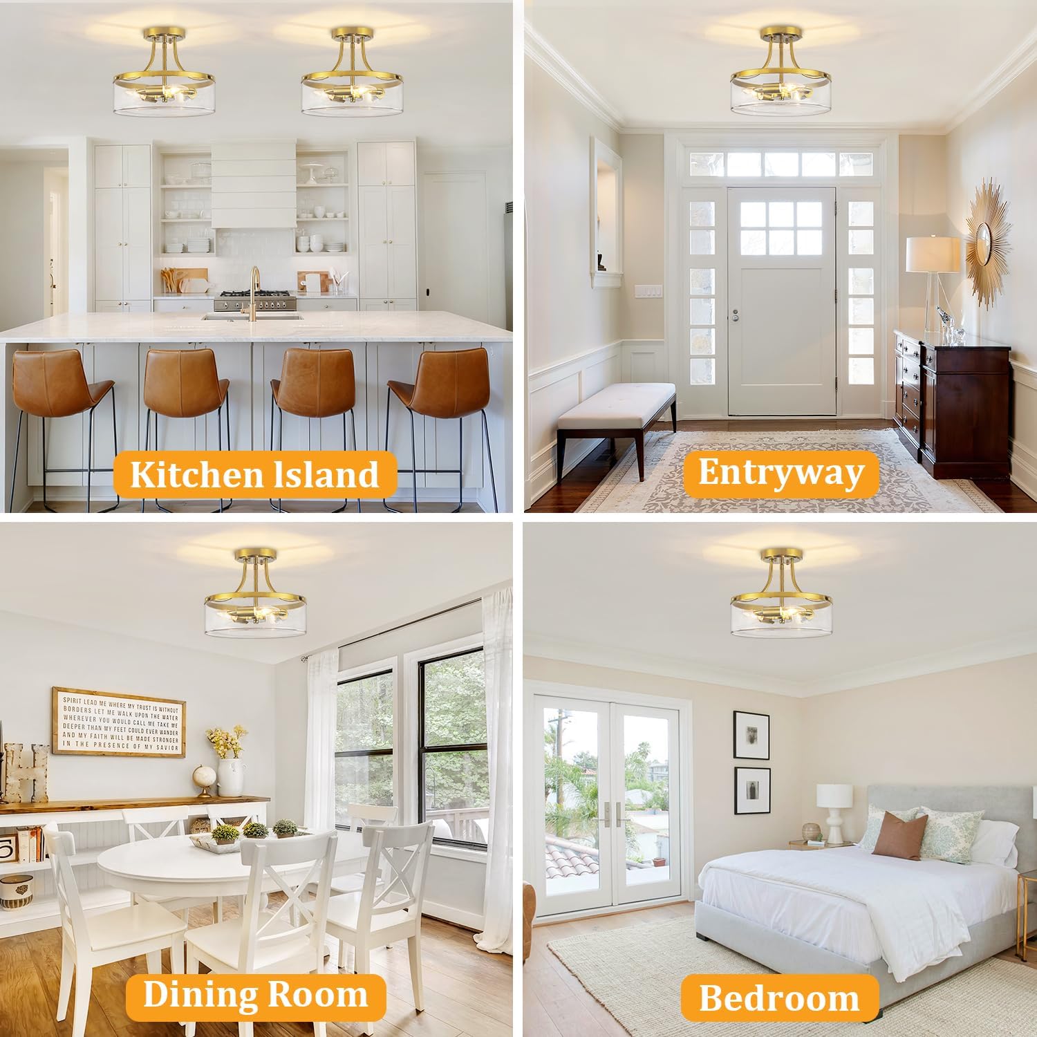 Brushed Gold Semi Flush Mount Ceiling Light, 11.81' Kitchen Lighting Fixtures Ceiling with Glass Shade, 3-Light Modern Hallway Light Fixtures for Entryway Bedroom Bathroom Foyer Laundry Dining Room