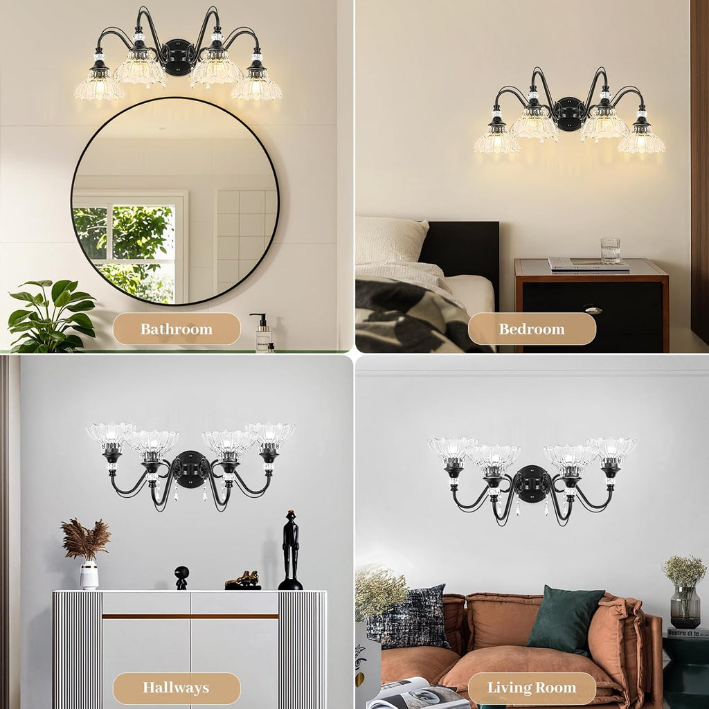 Black Bathroom Vanity Light, 4-Light Matte Black Finish Farmhouse Wall Sconce with Hanging Crystal Accents and Flower-Shaped Clear Glass Shades, Retro Wall Mount Vanity Light Over Mirror for Bathroom