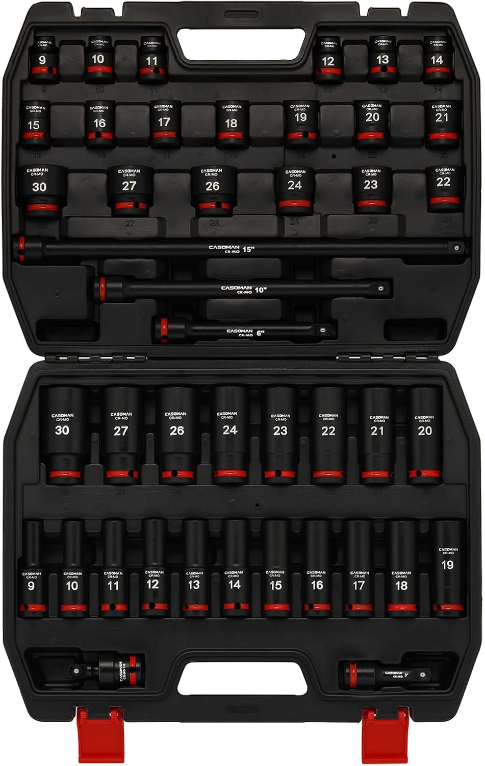 CASOMAN 43-Piece 1/2' Drive Master Impact Socket Set, Deep and Standard, 6-Point, Metric, 9mm - 30mm, CR-MO Steel, Impact Universal Joint & Extension Bars, with Storage Case