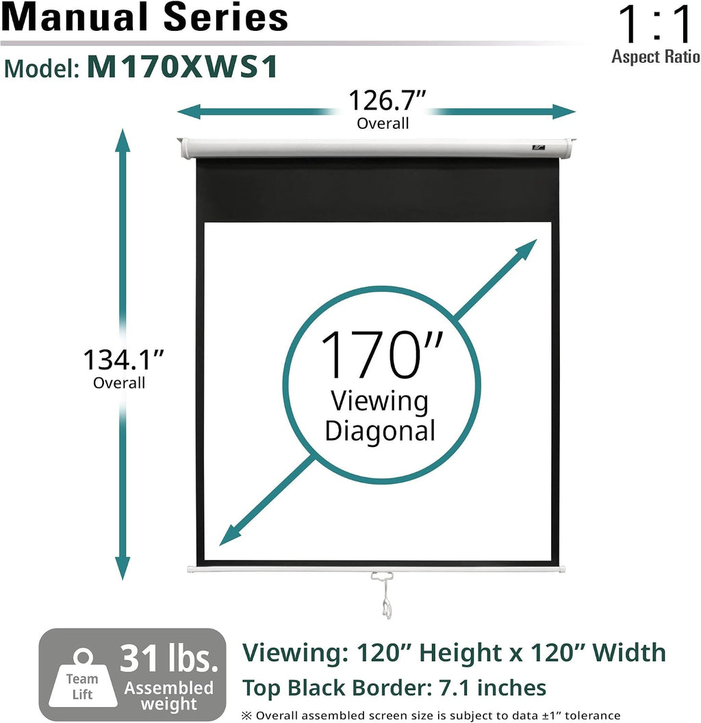 Elite Screens Manual Series, 170-INCH 16:9, Pull Down Manual Projector Screen with AUTO Lock, Movie Home Theater 8K / 4K Ultra HD 3D Ready, 2-Year Warranty - M170XWS1- White