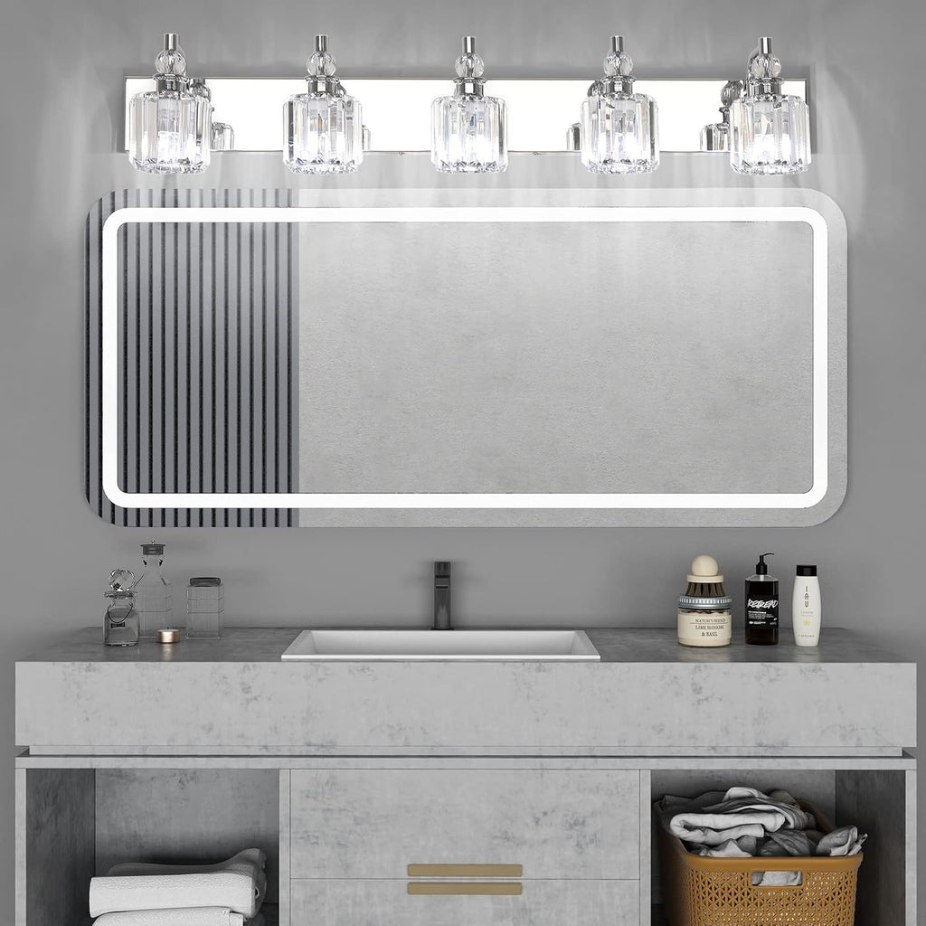Ralbay Modern Crystal Vanity Lights 5 Light 40' Modern Crystal Bathroom Lights Fixtures Over Mirror Stainless Steel Chrome Vanity Light for Bathroom Wall Lights Fixtures