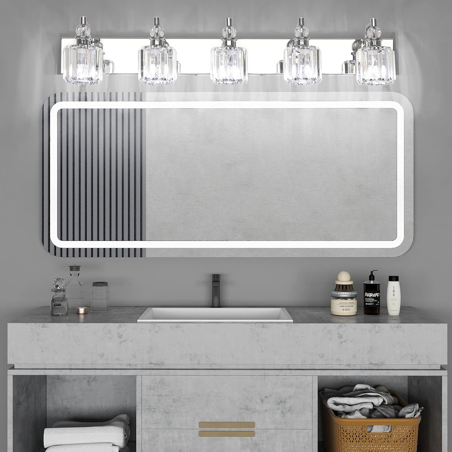 Ralbay Modern Crystal Vanity Lights 5 Light 40' Modern Crystal Bathroom Lights Fixtures Over Mirror Stainless Steel Chrome Vanity Light for Bathroom Wall Lights Fixtures