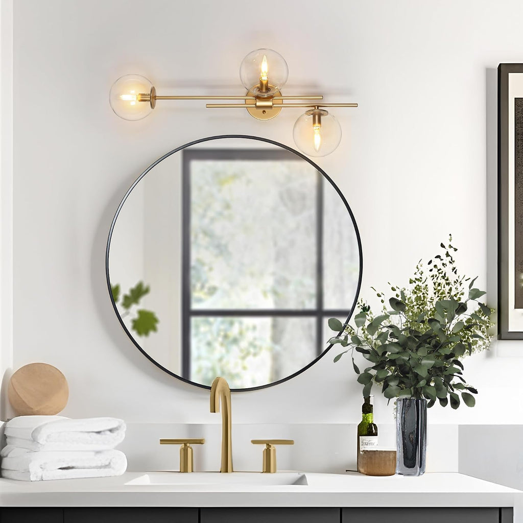 KSANA Gold Sconces Wall Lighting, Modern 3-Light Bathroom Vanity Light Fixtures with Globe Clear Glass Shade Over Mirror or Beside for Hallway, Bedroom, Living Room and Kitchen