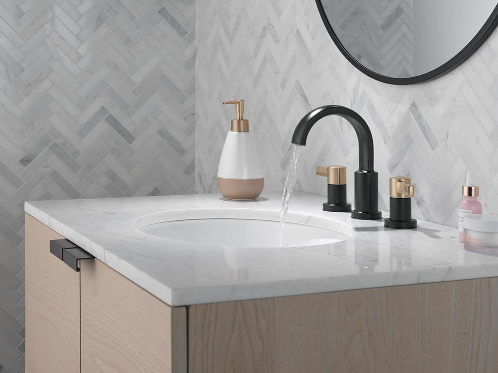 Delta Albion Matte Black/Brushed Gold Bathroom Faucet 3 Hole, 8 Inch Widespread Bathroom Sink Faucet for Vanity, Metal Push-Pop Drain Assembly, Matte Black/Champagne Bronze 35855LF-GZ