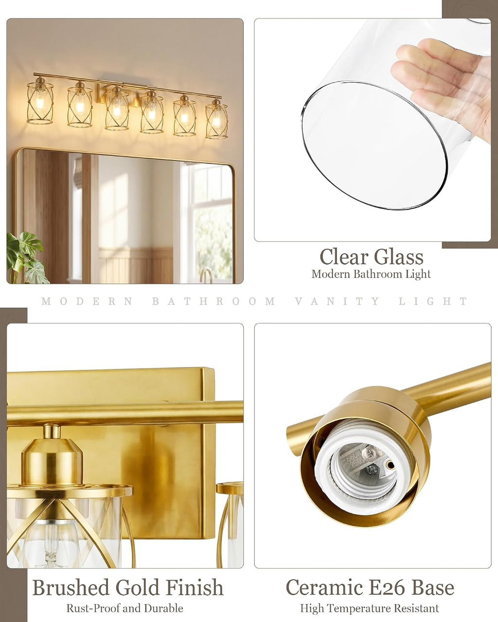 6-Light Brushed Gold Bathroom Light Fixtures Over Mirror with Clear Glass and Metal Cage Shade, 42' UL-Listed Modern Farmhouse Wall Sconce for Bath, Hardwire E26, OS-3014BG-6W