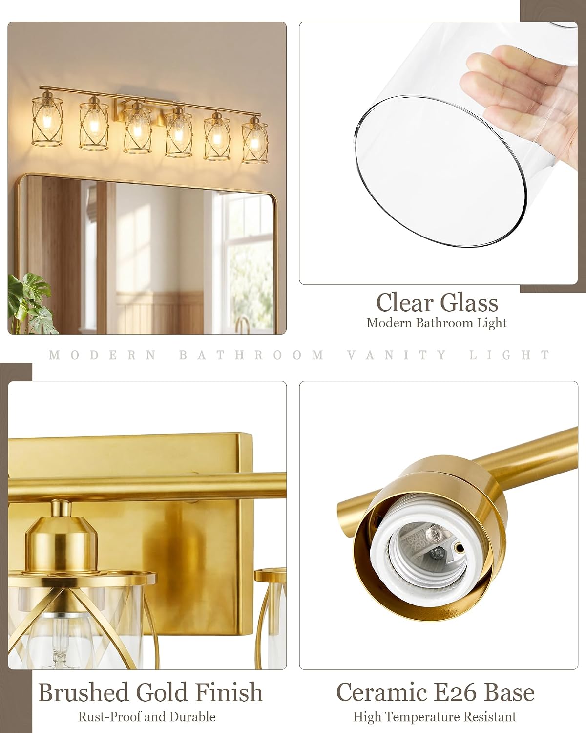 6-Light Brushed Gold Bathroom Light Fixtures Over Mirror with Clear Glass and Metal Cage Shade, 42' UL-Listed Modern Farmhouse Wall Sconce for Bath, Hardwire E26, OS-3014BG-6W
