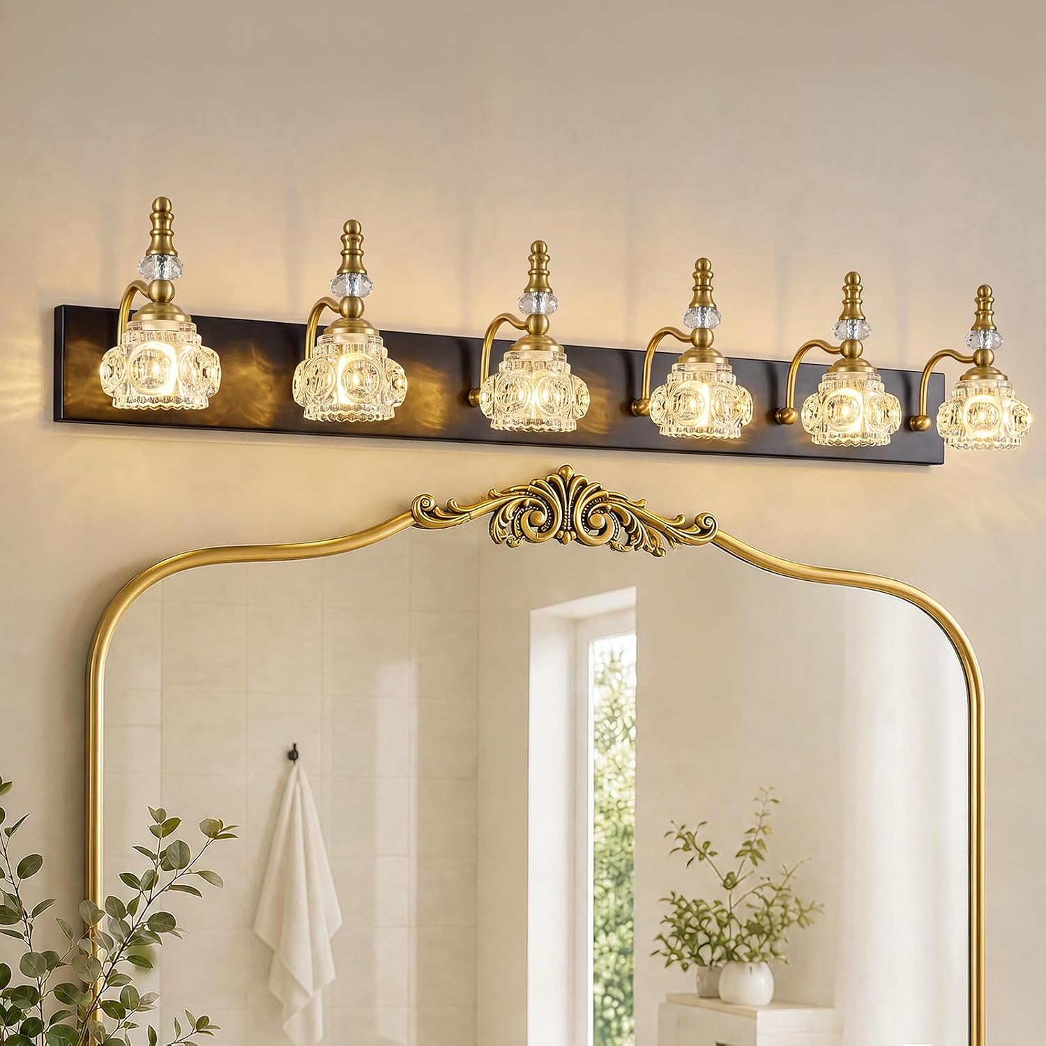 6-Light Vintage Bathroom Vanity Light Fixture Industrial Black Gold with Glass Shade Vanity Light Fixtures Over Mirror Glass Bathroom Vanity Lighting Fixtures G9 Bulb Wall Lights