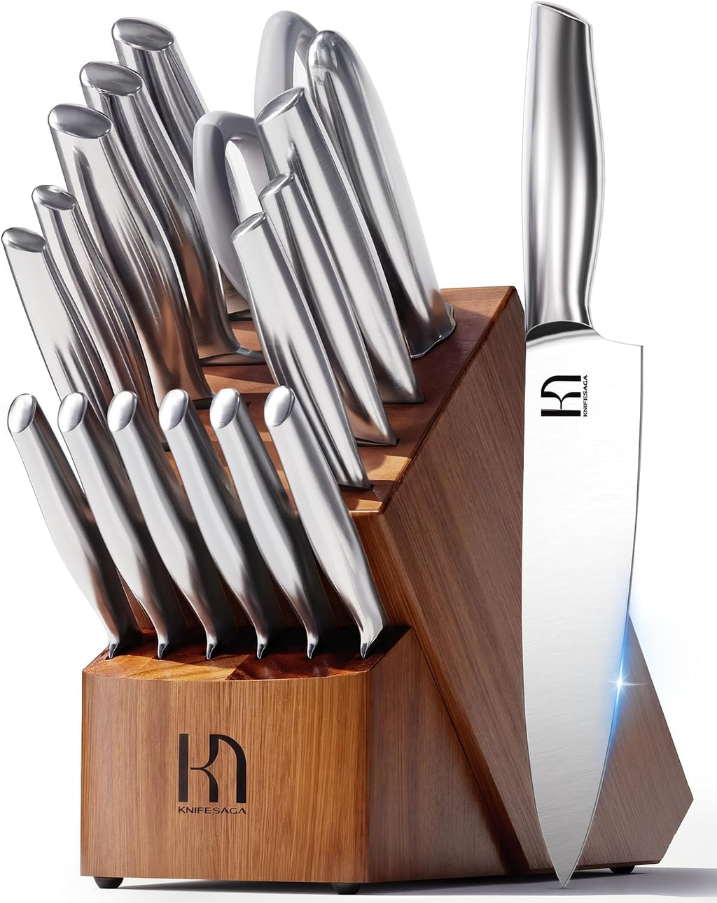 KnifeSaga Kitchen Knife Set with Block 17 Pcs, Knife Block Set, Japanese High Carbon Stainless Steel Knives Set for Kitchen with Sharpener, Razor Sharp Premium Block Knife Sets