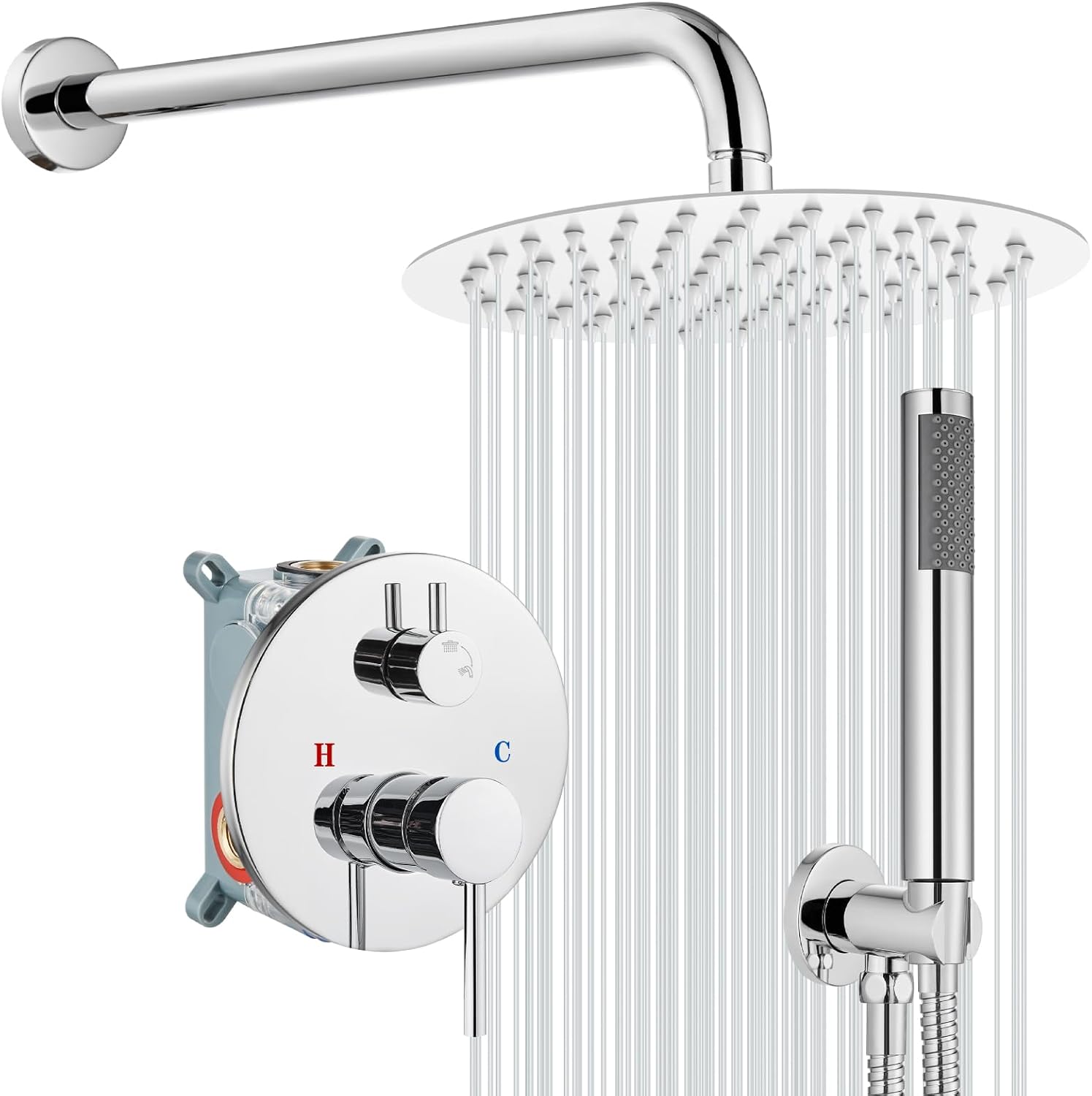 gotonovo Shower System 10 Inch Round Rainfall Showerhead Wall Mounted High Pressure Shower Faucet Set Fixture Combo with Rough in Valve and Cylindrical Handheld Spray, Polish Chrome