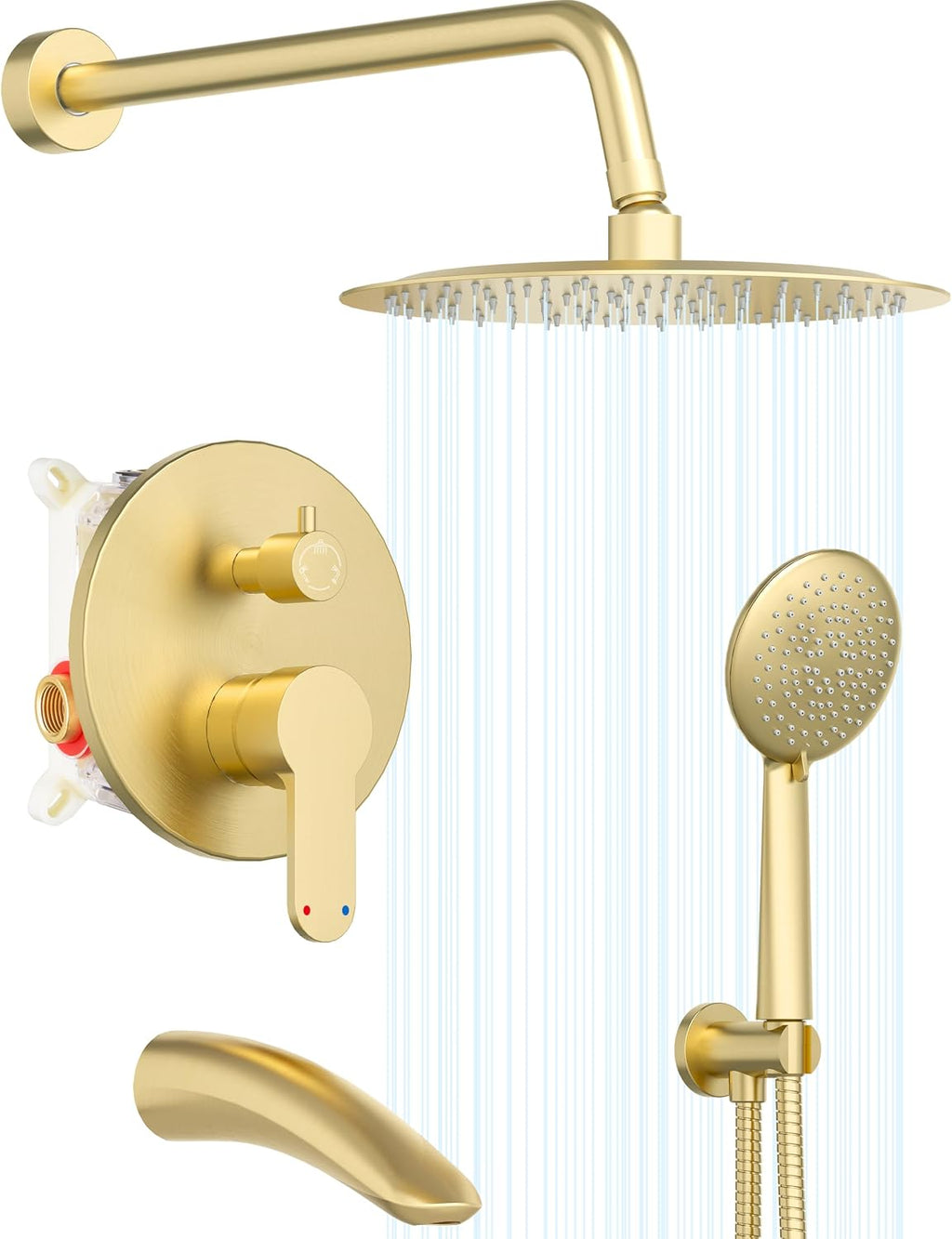 Gabrylly Shower System with Tub Spout, Bathtub Shower Faucet Set with 10' Rain Shower head and 5-Setting Handheld Shower, Wall Mounted Shower Fixtures with Pressure Balance Shower Valve, Brushed Gold