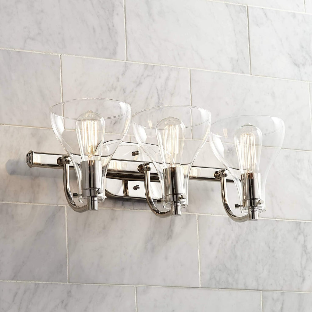 Possini Euro Design Sorren Industrial Modern Wall Light Polished Chrome Silver Hardwired 20 1/2' 3-Light Fixture Curving Clear Glass Shade for Bedroom Bedside Bathroom Vanity Living Room Hallway