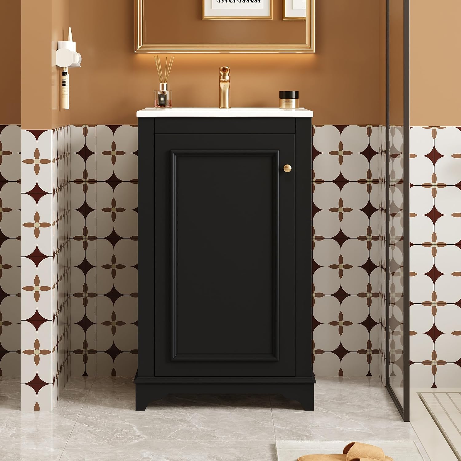 Merax 20' Narrow Bathroom Vanity with Ceramic Sink, Freetanding Modern Single Vanity Set with Soft Closing Door and Adjustable Shelf (Black)