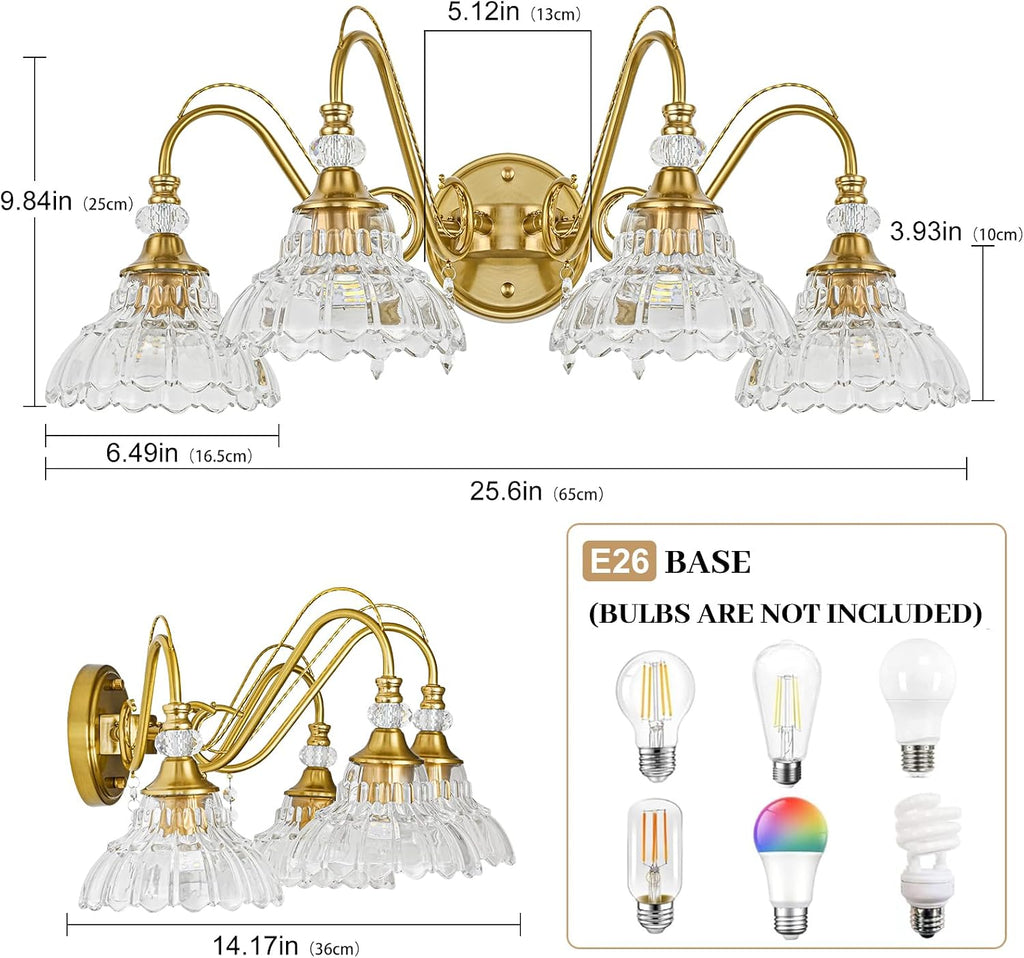 Vintage Bathroom Vanity Light, 4-Light Brushed Gold Finish Wall Sconce with Hanging Crystal Accents and Flower-Shaped Clear Glass Shades, Retro Wall Mount Vanity Light Over Mirror for Bathroom