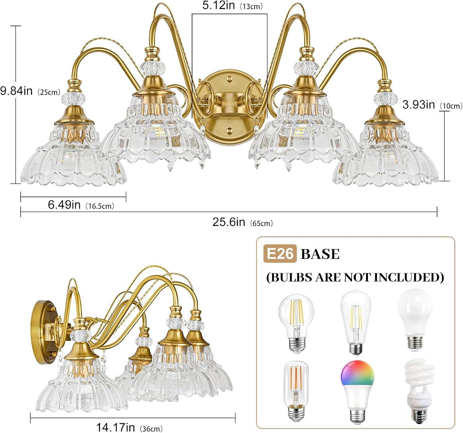 Vintage Bathroom Vanity Light, 4-Light Brushed Gold Finish Wall Sconce with Hanging Crystal Accents and Flower-Shaped Clear Glass Shades, Retro Wall Mount Vanity Light Over Mirror for Bathroom