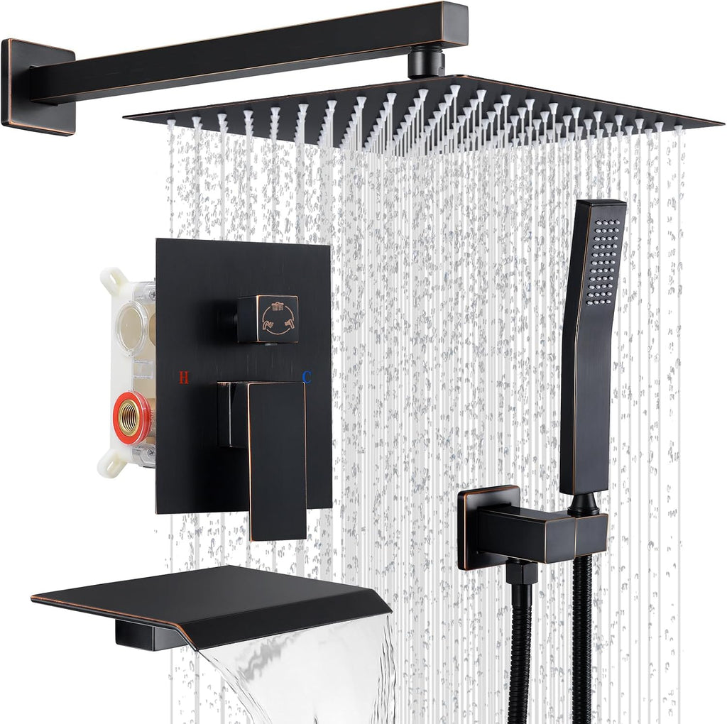 10' Rain Shower Faucet Set with Tub Spout,Oil Rubbed Bronze | Anti-scald cartridge, air tech boosts pressure 50%, 3-func diverter, NPT 1/2