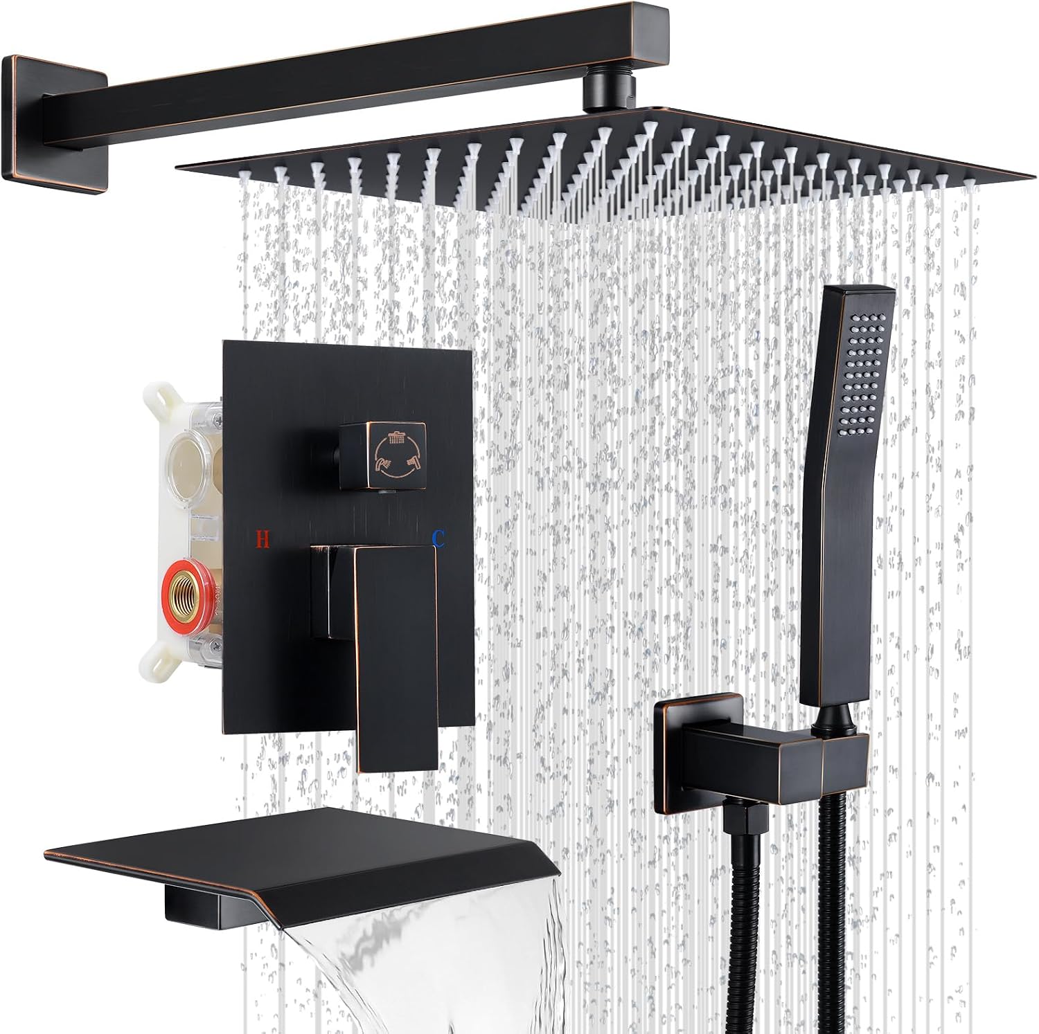 10' Rain Shower Faucet Set with Tub Spout,Oil Rubbed Bronze | Anti-scald cartridge, air tech boosts pressure 50%, 3-func diverter, NPT 1/2