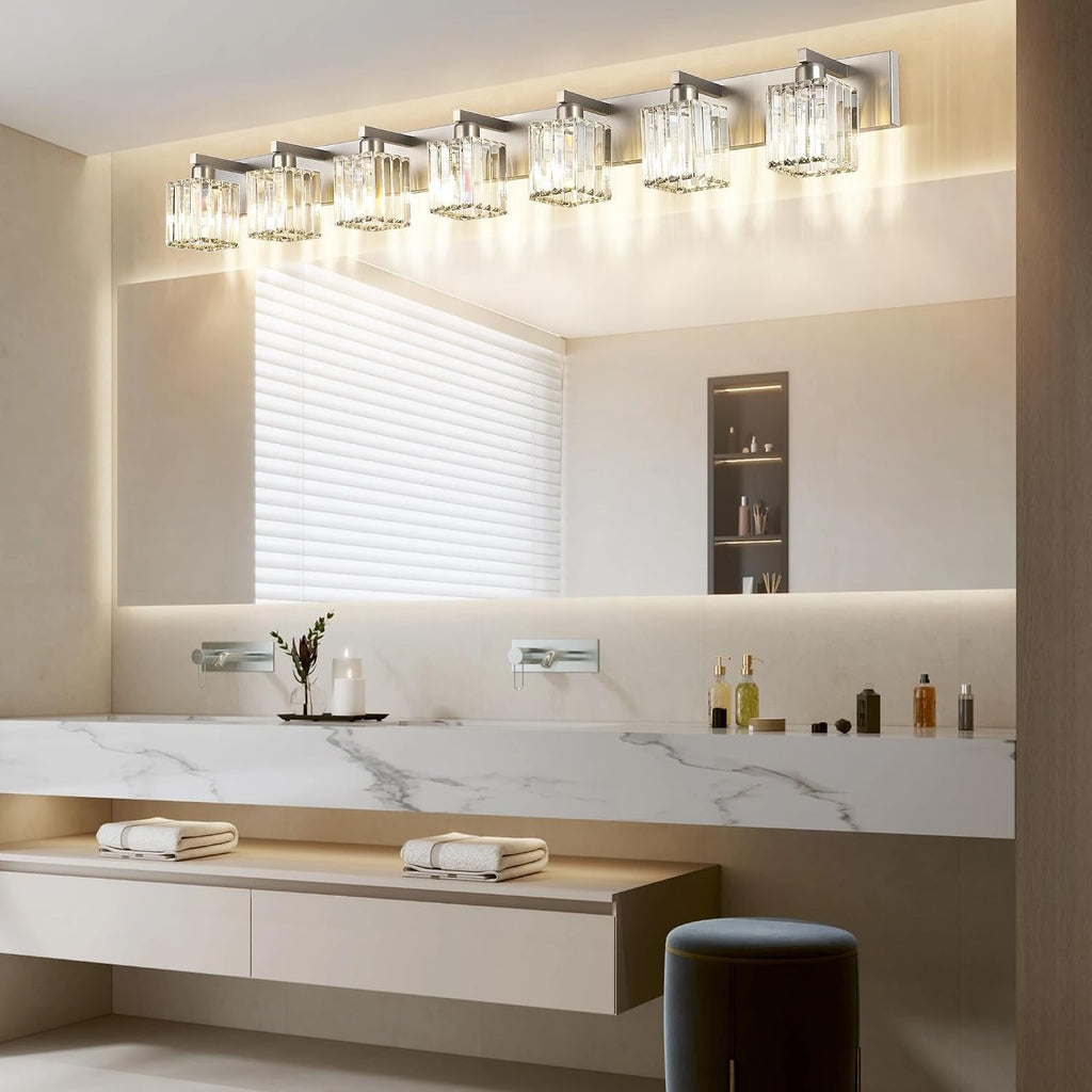 Aipsun Brushed Nickel Bathroom Light Fixtures Crystal Vanity Lighting Fixture Modern Bathroom Vanity Light 7 Light (Exclude Bulb)
