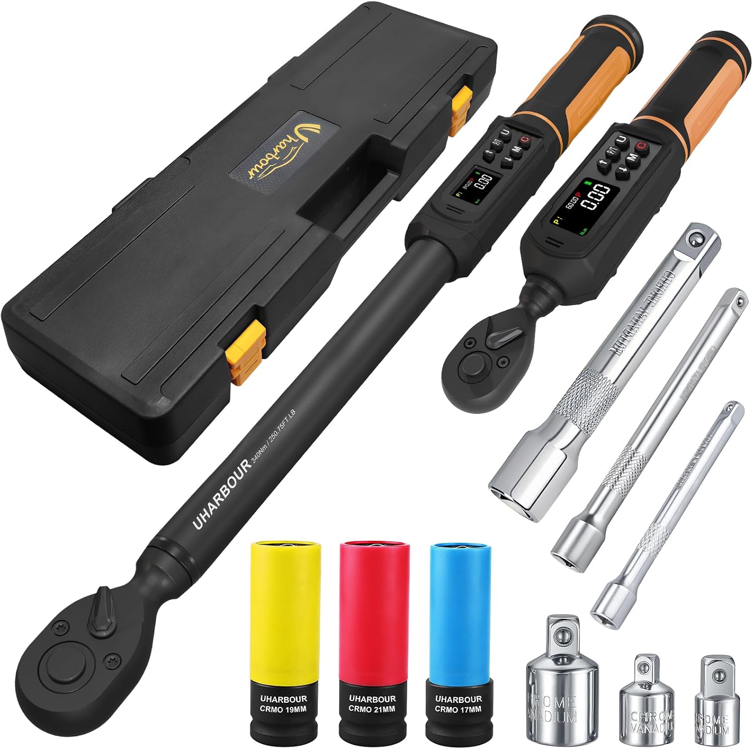 Digital Torque Wrench Set, 1/2'&3/8' Torque Wrench Digital with Dual Direction Ratchet, 3.8-250.8 Ft.lb & 0.66-44.29Ft.lbs Range, ±1% Accuracy with Vibration, Buzzer and LED Alert