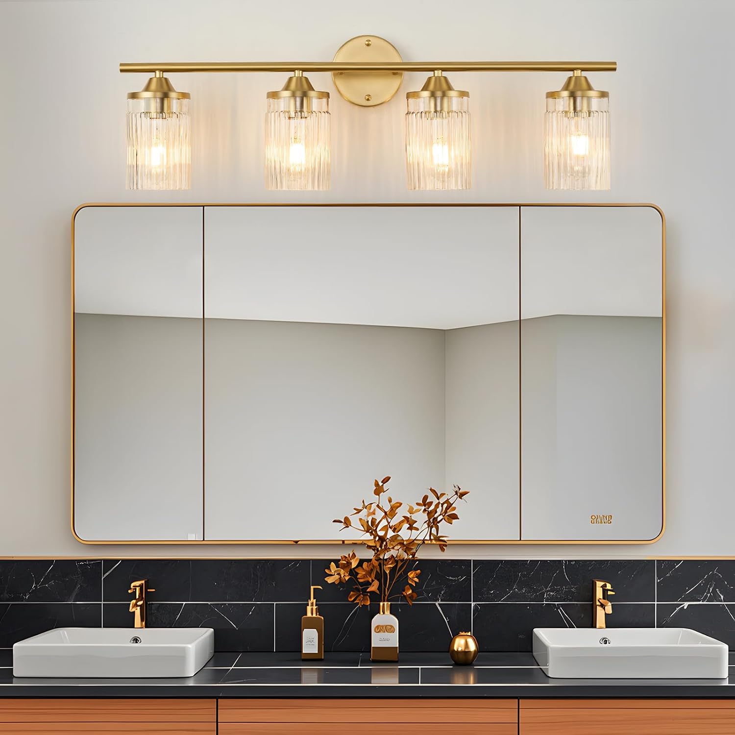 Jonsi Gold Bathroom Light Fixtures 4-Light Vanity Lights Modern Wall Sconce with Clear Glass Shade Brushed Brass Bathroom Light Fixture Over Mirror for Bedroom Hallway Kitchen