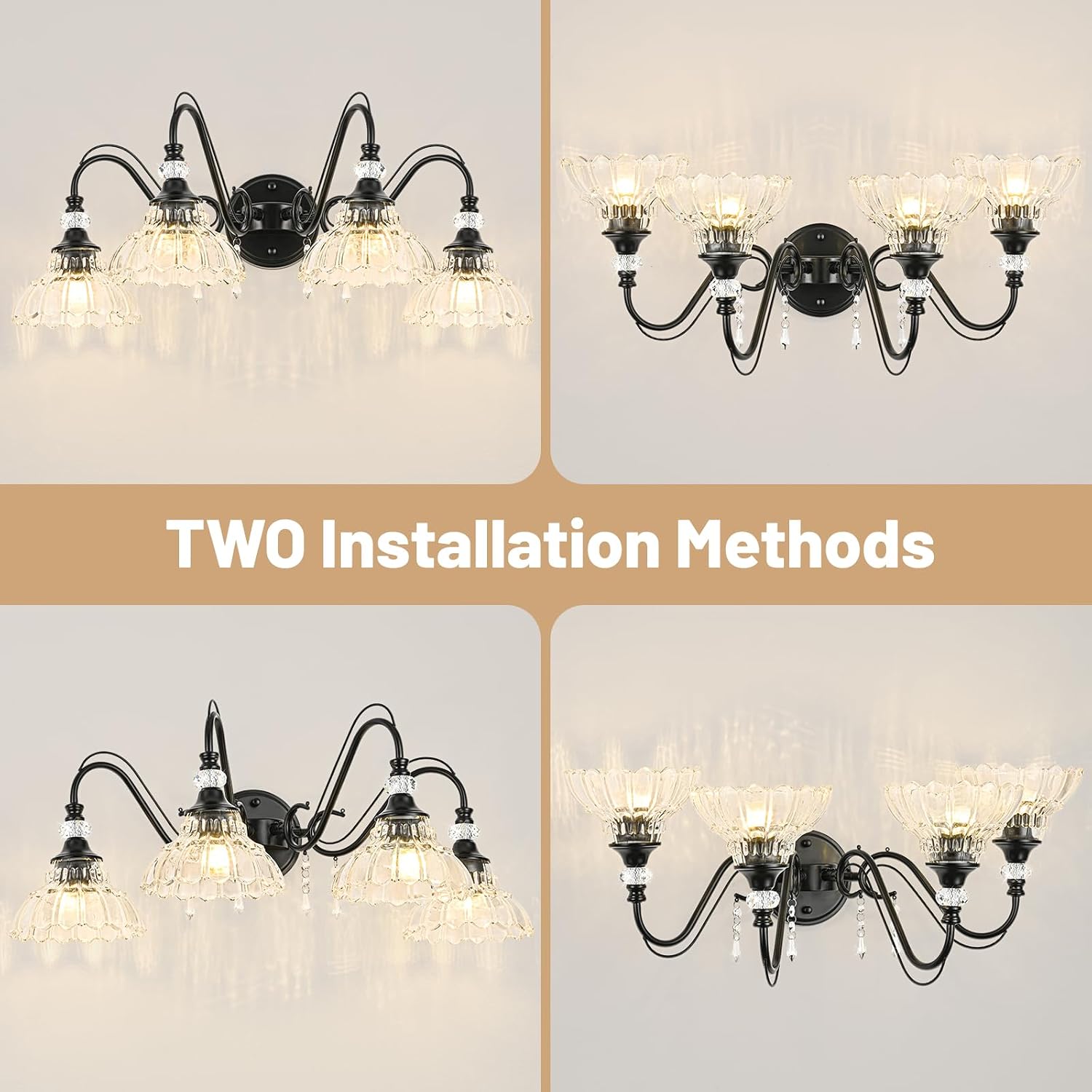 Black Bathroom Vanity Light, 4-Light Matte Black Finish Farmhouse Wall Sconce with Hanging Crystal Accents and Flower-Shaped Clear Glass Shades, Retro Wall Mount Vanity Light Over Mirror for Bathroom