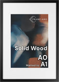 Frame Amo A0 33.1x46.8 Solid Wood Poster Frame Black, with 22.9x32.6 White Mat Opening for A1 23.4x33.1 Image, 1.5 inch Wide, 1 inch Thick, Acrylic Front, Gallery Grade