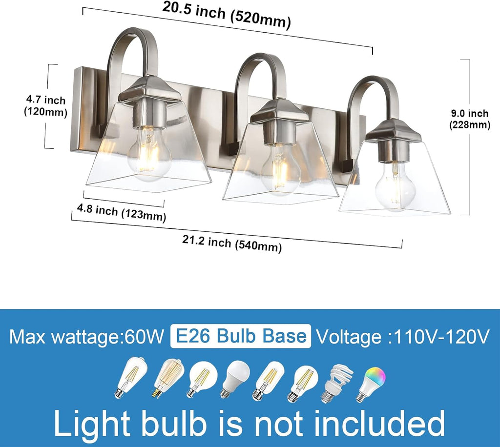 Bathroom Light Fixtures,3 Light Modern Brushed Nickel Vanity Lights Over Mirror Industrial Wall Sconce Lighting with Clear Glass Shades for Bathroom, Vanity Table, Living Room Hallway
