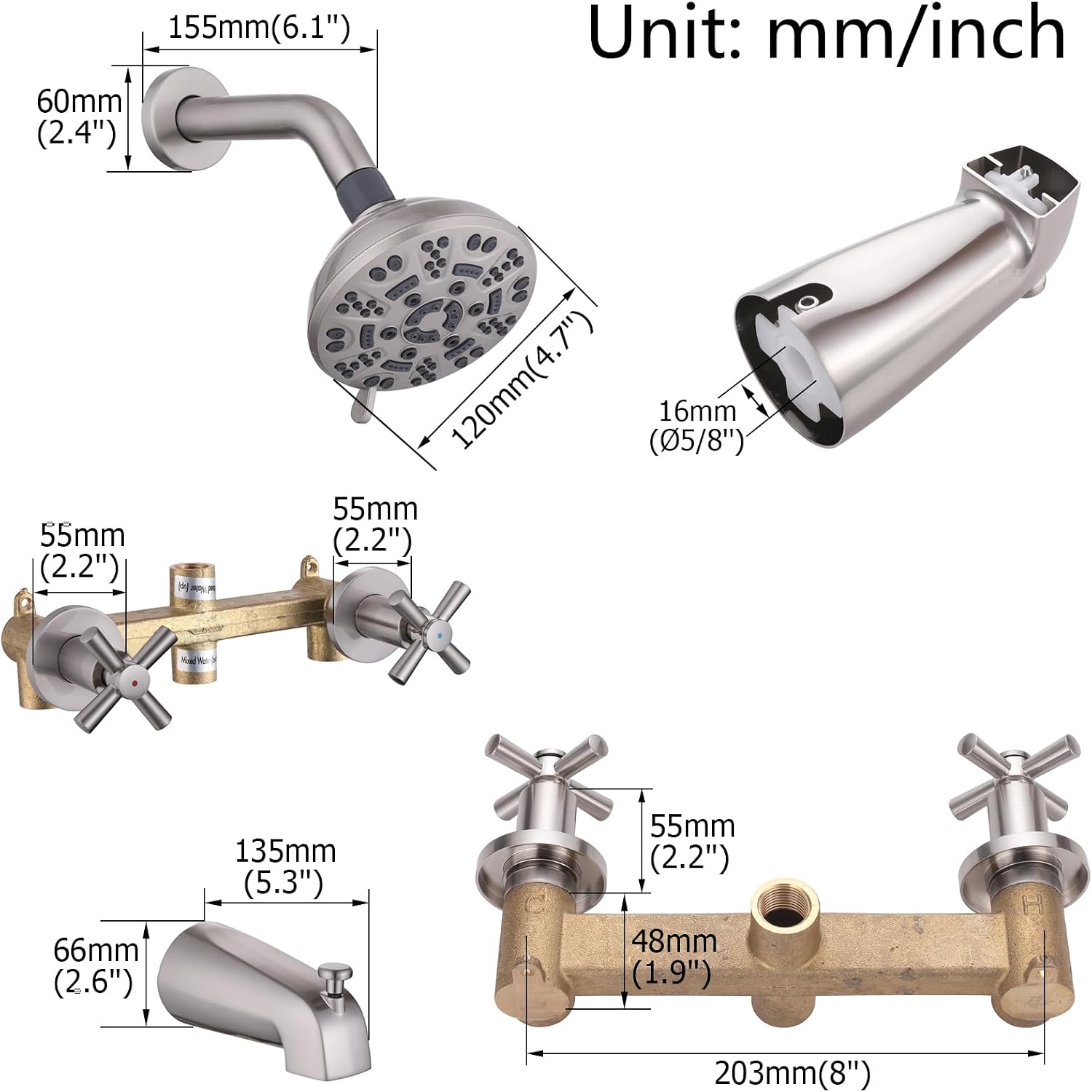 2 Handles Shower Faucet Set with Tub Spout Bathtub Shower Faucet Combo Set Shower System Complete Tub and Shower Trim Kit Wall Mounted Shower Fixtures Brushed Nickel