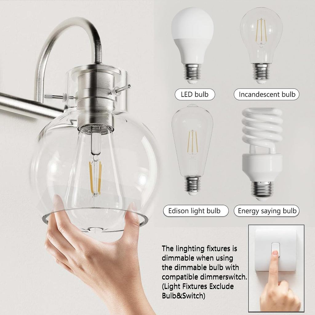 4-Light Bathroom Light Fixtures, Brushed Nickel Vanity Light, Farmhouse Wall Lights with Clear Glass Shade, Bathroom Wall Lamp for Mirror Kitchen Bedroom Hallway Living Room Hallway Cabinet