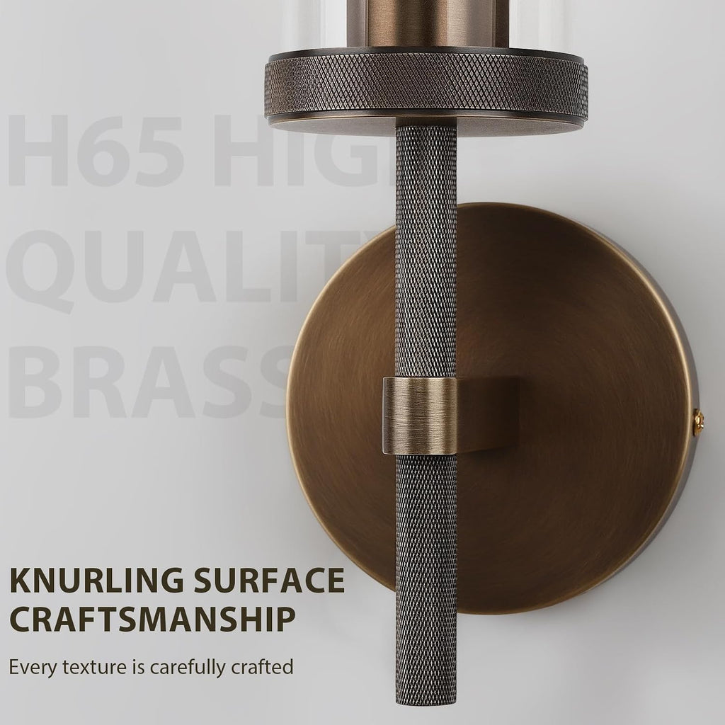 15' Knurled Brass Wall Sconces Set of 2, Bronze Bathroom Vanity Light Fixtures with Clear Glass Tube, Modern Lamp Lighting for Bedroom, Living Room, Hallway, Staircase, Mirror, Kitchen