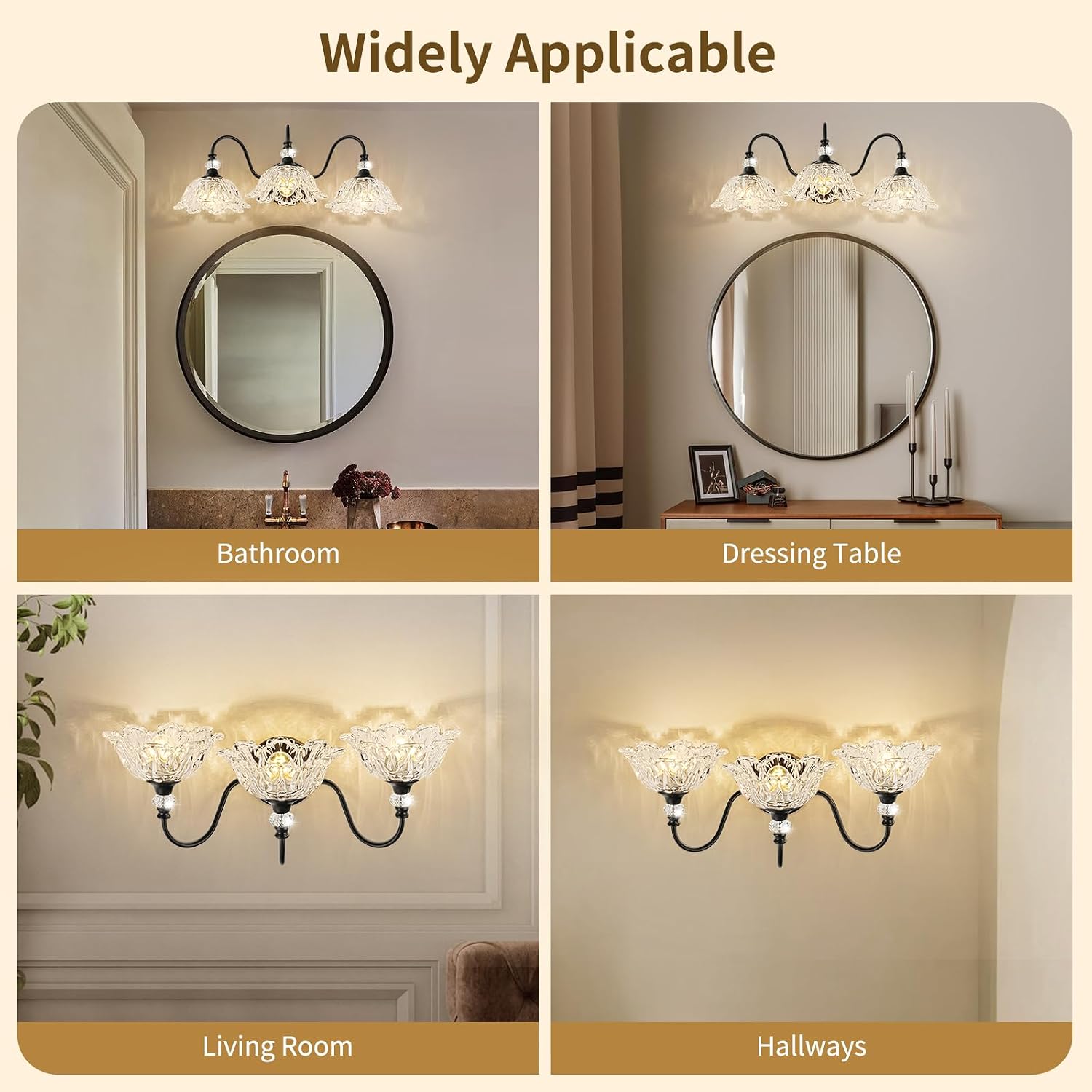 Black Bathroom Vanity Light,3-Light Vanity Light with Crystal Glass Shades,Vintage Farmhouse Vanity Lighting for Bathroom and Dressing Table