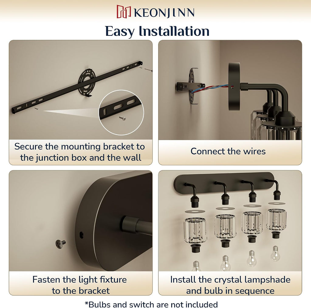 Keonjinn 4-Light Bathroom Light Fixtures, Crystal Black Bathroom Vanity Lights Over Mirror, Vanity Lighting Fixtures with Crystal Square Shades (E26 Socket, Exclude Bulb)