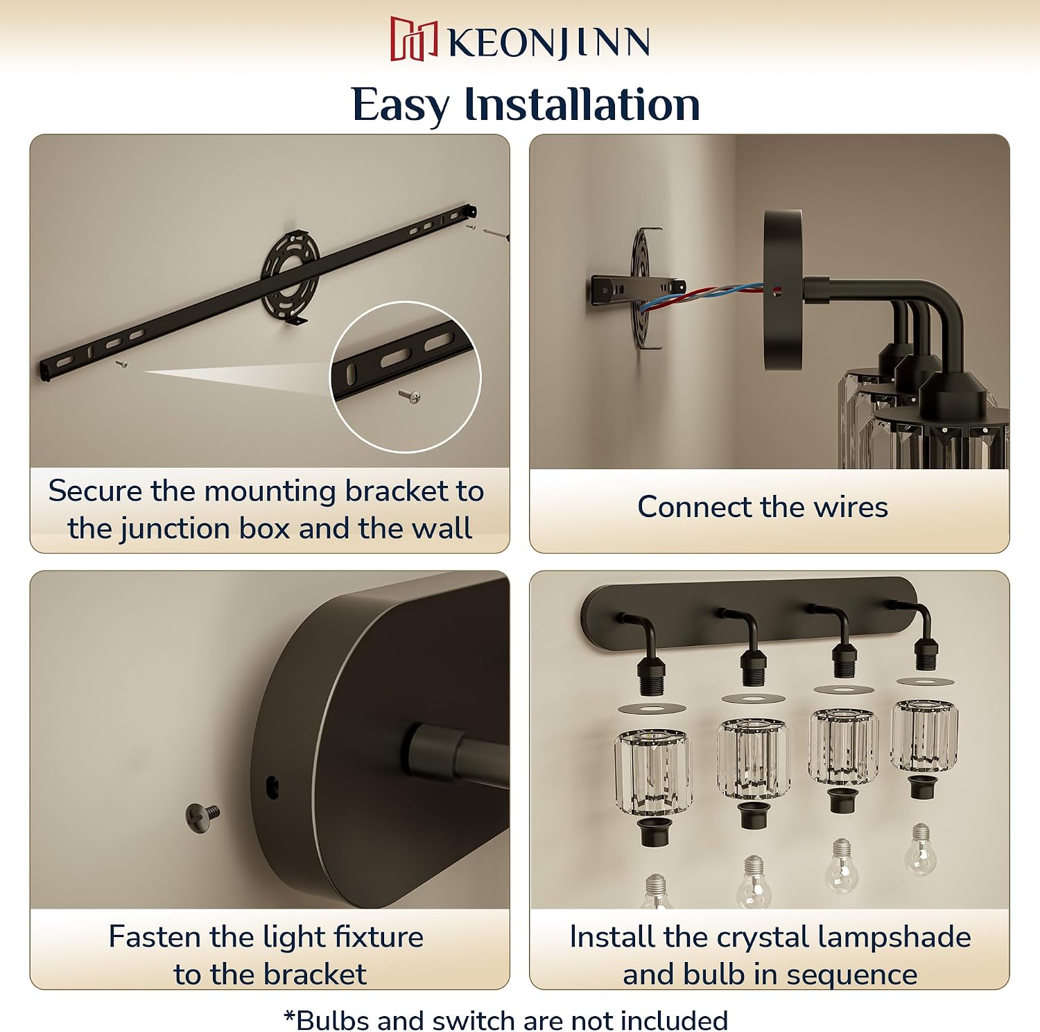 Keonjinn 4-Light Bathroom Light Fixtures, Crystal Black Bathroom Vanity Lights Over Mirror, Vanity Lighting Fixtures with Crystal Square Shades (E26 Socket, Exclude Bulb)