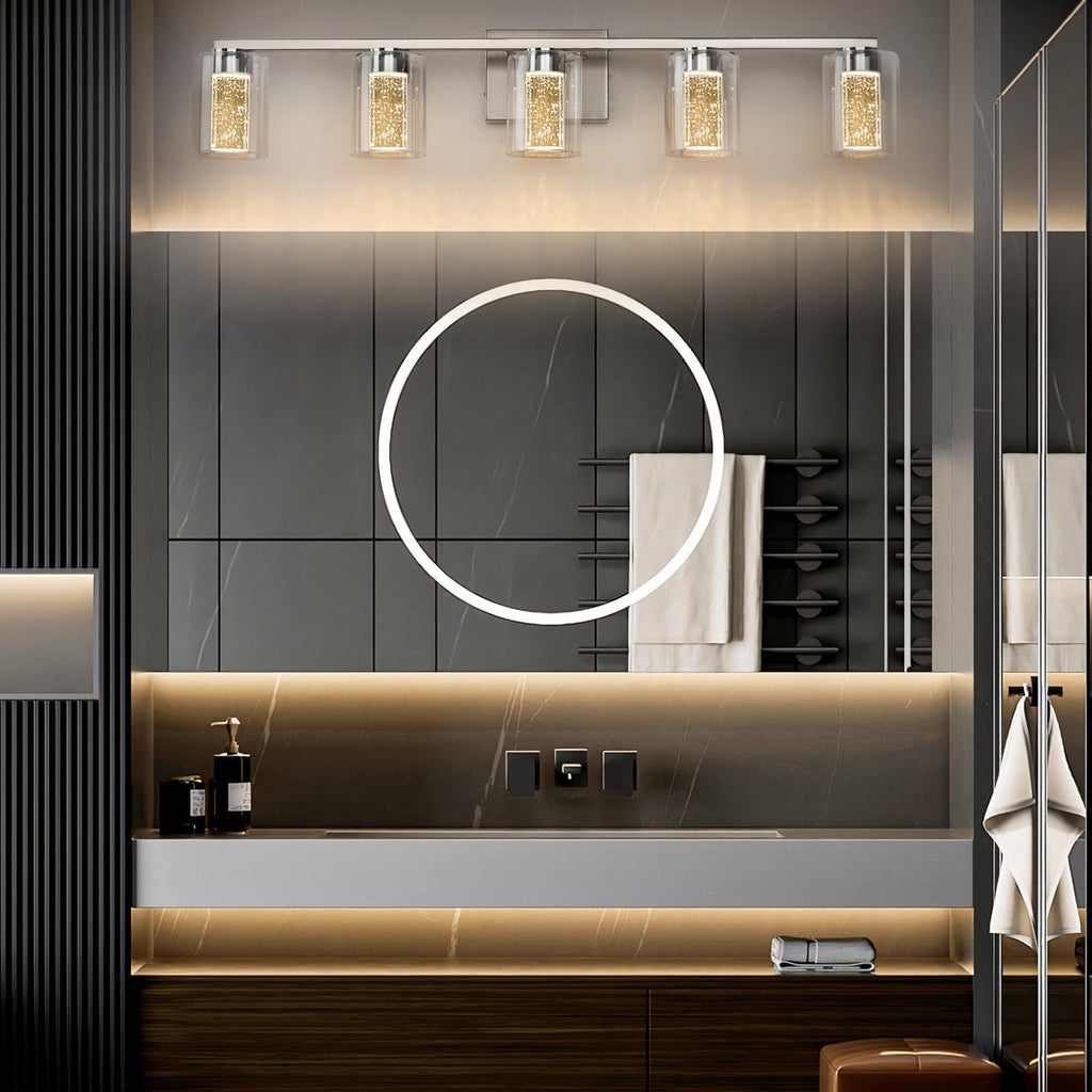 SineRise 5-Light Brushed Nickel Vanity Light with 3 Color Modes (3000K/4000K/6000K), Eye Protection LED Bathroom Light Fixture, Dimmable Modern Wall Light Over Mirror with Clear Glass Shade