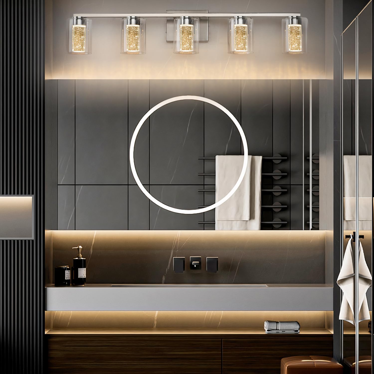 SineRise 5-Light Brushed Nickel Vanity Light with 3 Color Modes (3000K/4000K/6000K), Eye Protection LED Bathroom Light Fixture, Dimmable Modern Wall Light Over Mirror with Clear Glass Shade