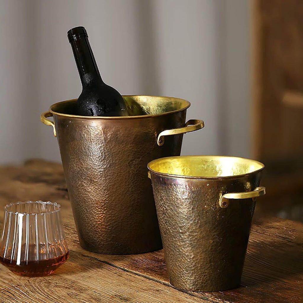Ice Bucket Japanese Handmade Hammered Brass Insulated Ice Bucket with Gold Handles Retro Metal Ice Buckets, Beverage Tub Ice Bucket Champagne Buckets for Business and Family Party Drinks Cooler/Beer B