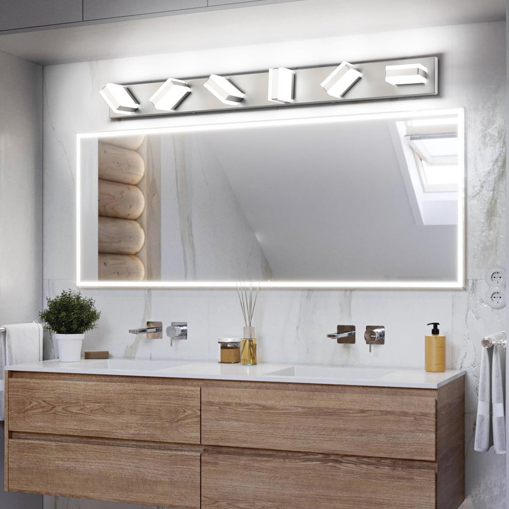 SOLFART LED Modern Bathroom Vanity Lights Over Mirror, Brushed Nickel Vanity Light Fixture 6 Light, LED Nickel Bathroom Lights Cool Light 6000K