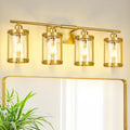 4-Light Brushed Gold Bathroom Light Fixtures with Clear Glass and Metal Cage, 29 Inch Modern Brass Vanity Lighting Over Mirror Wall Sconce Lights for Bath, E26, Rust-Proof, OS-3014BG-4W