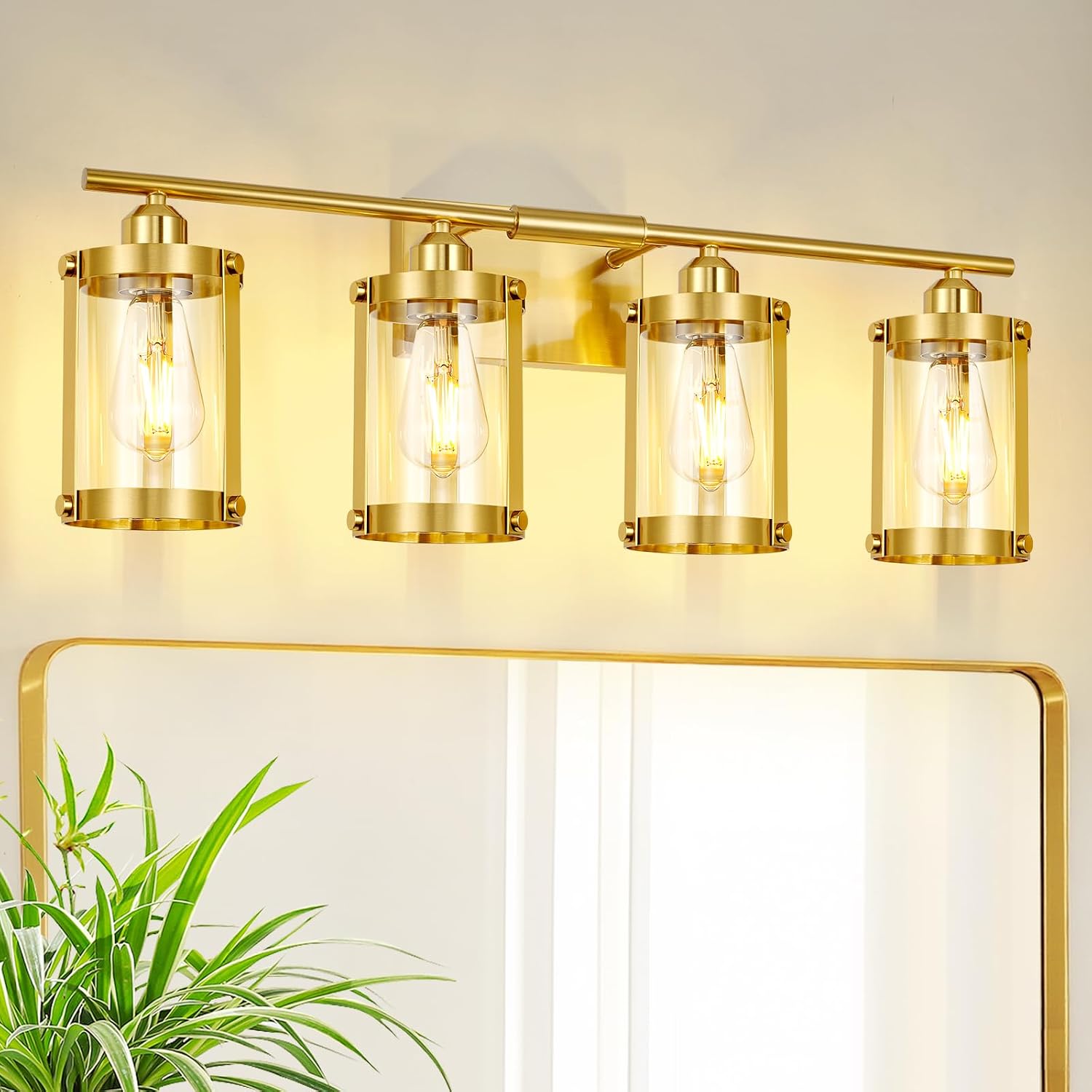 4-Light Brushed Gold Bathroom Light Fixtures with Clear Glass and Metal Cage, 29 Inch Modern Brass Vanity Lighting Over Mirror Wall Sconce Lights for Bath, E26, Rust-Proof, OS-3014BG-4W