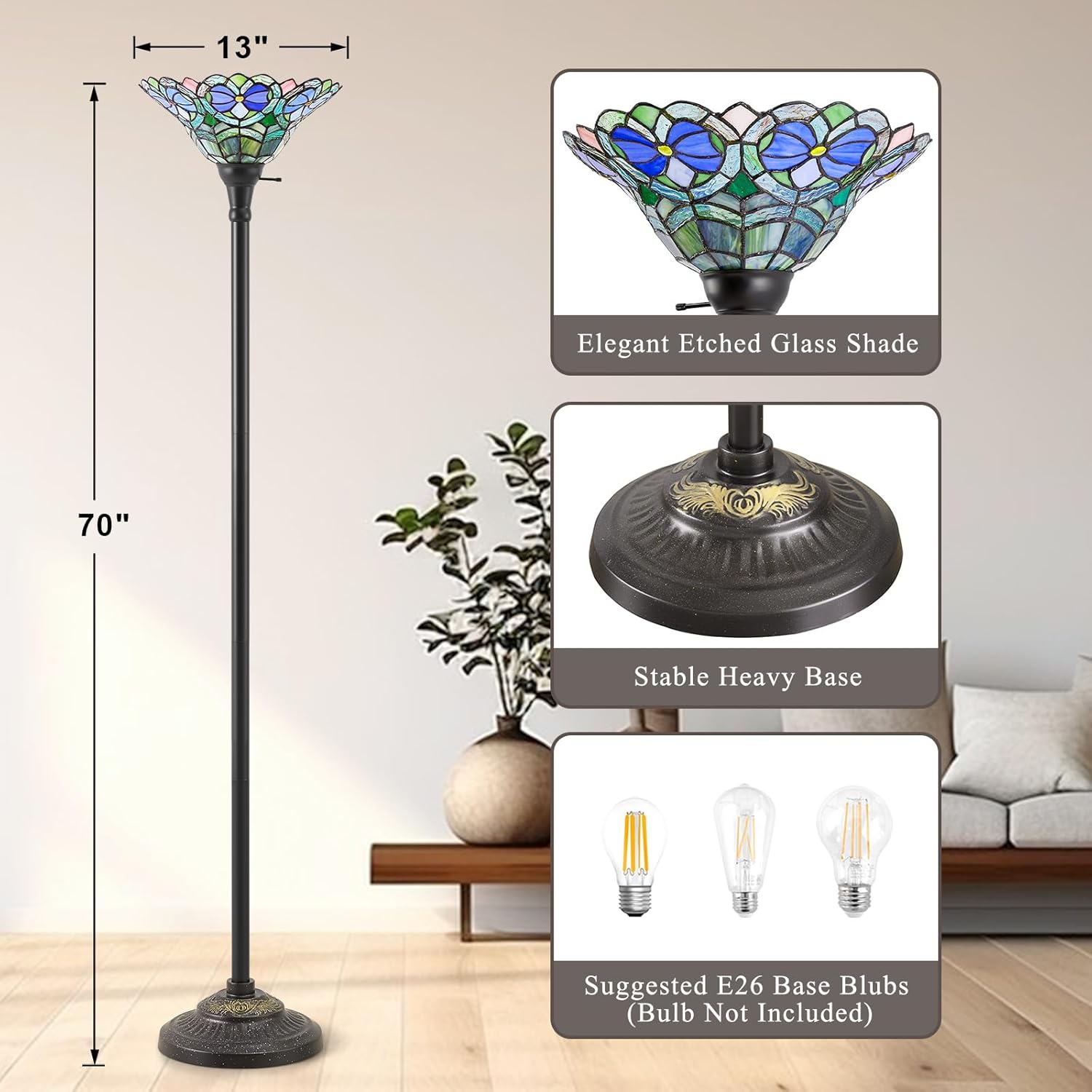Luvkczc Tiffany Torchiere Floor Lamp - 70' Victorian Stained Glass Lamp Antique Tiffany Style Standing Light for Home,Office,Hotel Decor